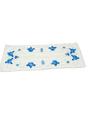 Vintage White Table Runner With Blue Floral Embroidery 40" X 15" Cotton Décor